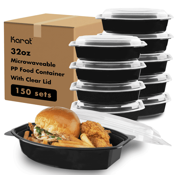 Karat [150 ct - 32oz] Reusable Microwaveable Oval Meal Prep Food Container with Clear Lid, Black, PP