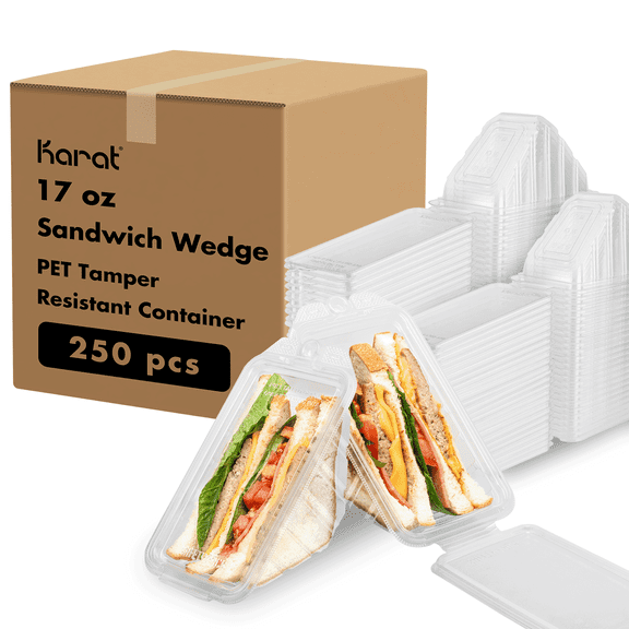 Karat 17oz PET Tamper Resistant Hinged Sandwich Wedge Container, Clear - 200pcs