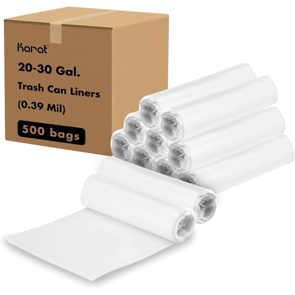 Karat 20-30 Gallon Trash Bags | 10 Microns | Clear High Density Garbage Can Liners | (30" x 37") 500 ct