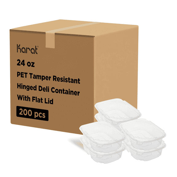 Karat 24oz PET Plastic Tamper Resistant Hinged Deli Container with Lid - 200 sets