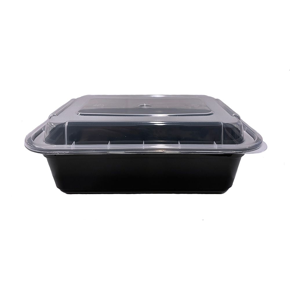 Karat 38 oz PP Plastic Microwavable Rectangular Food Containers & Lids, Black - 150 Sets