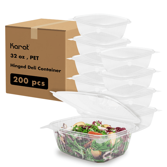 Karat 32 oz PET Plastic Hinged Deli Container - 200 ct