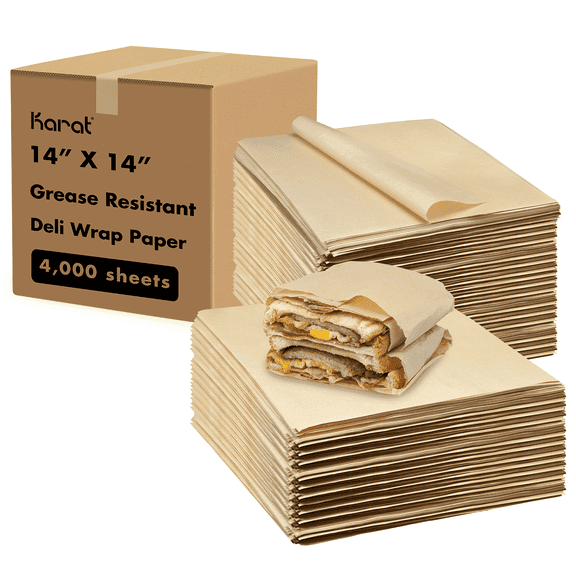 Karat [4,000 ct] 14"x14" Deli Paper Sheets | Kraft Grease-Resistant Wrapping Paper | Ideal for Medium-Sized Sandwiches, Pastries, and Meal Baskets