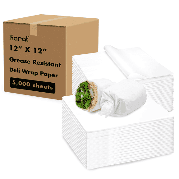 Karat [5,000 ct] 12"x12" Deli Paper Sheets | White Grease-Resistant Wrapping Paper | Perfect for Sandwiches, Small Baskets, and Cafes
