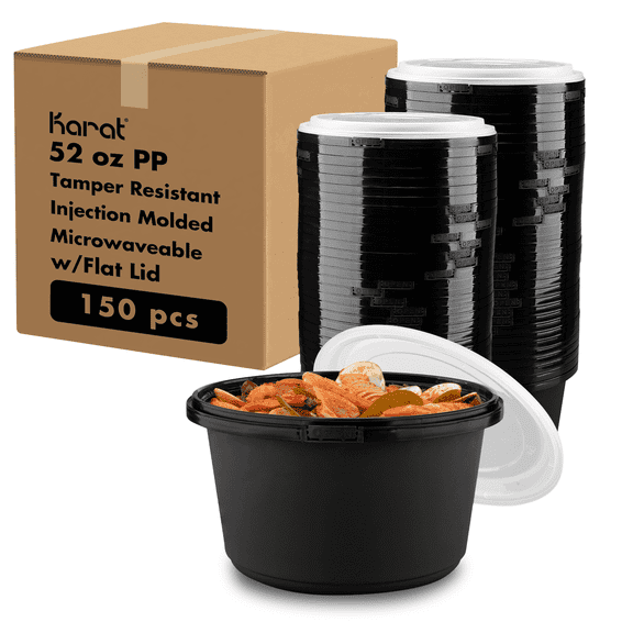 Karat 52oz PP Tamper Resistant Injection Molded Microwaveable Black Food Container w/Clear lid - 150 pcs