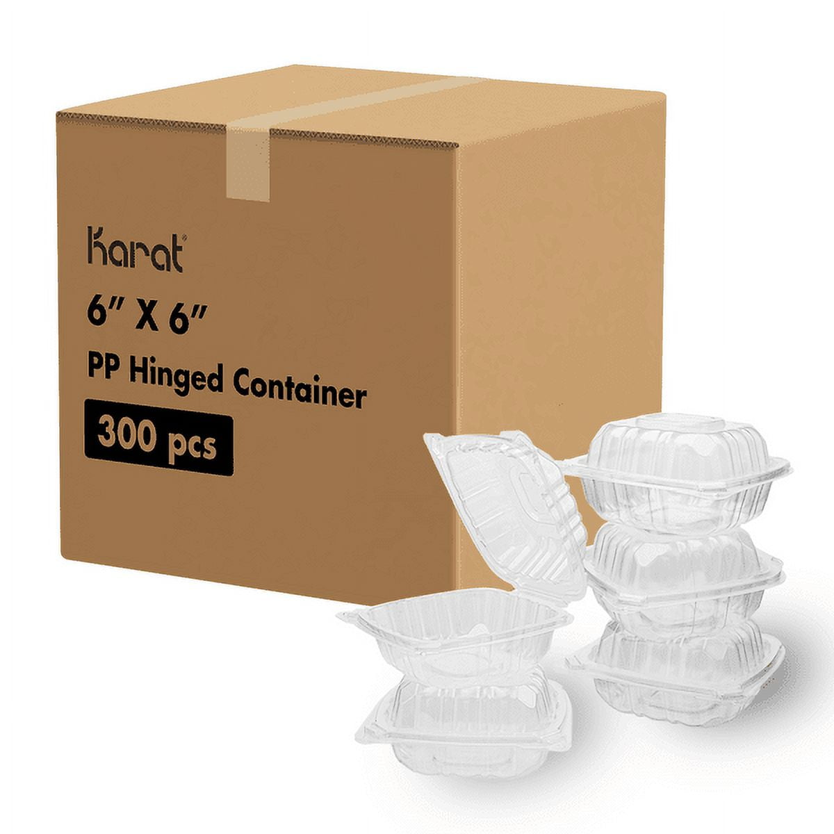Karat 6'' x 6" PP Plastic Hinged Container, Clear 300 pcs