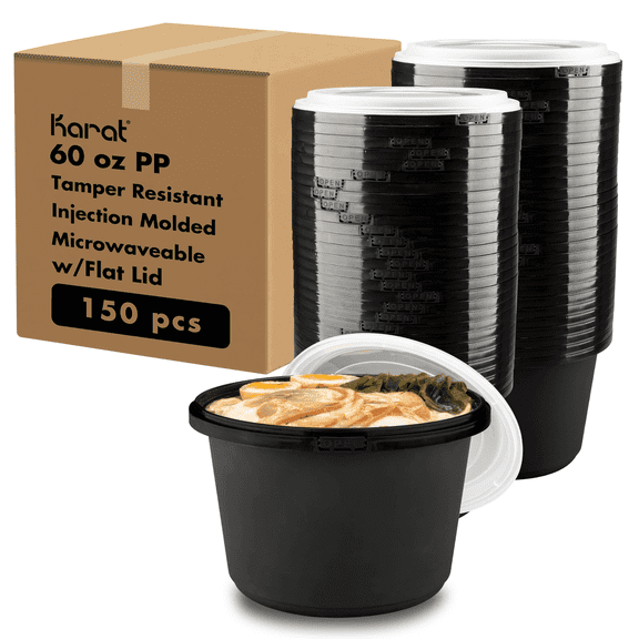 Karat 60oz PP Tamper Resistant Injection Molded Microwaveable Black Food Container w/Clear lid - 150 pcs