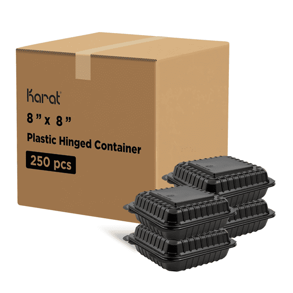Karat 8'' x 8" Black PP Hinged Container, 1 compartment - 250 ct