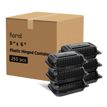 Karat 9'' x 6" Black PP Plastic Hinged Container, 1 compartment - 250 ct