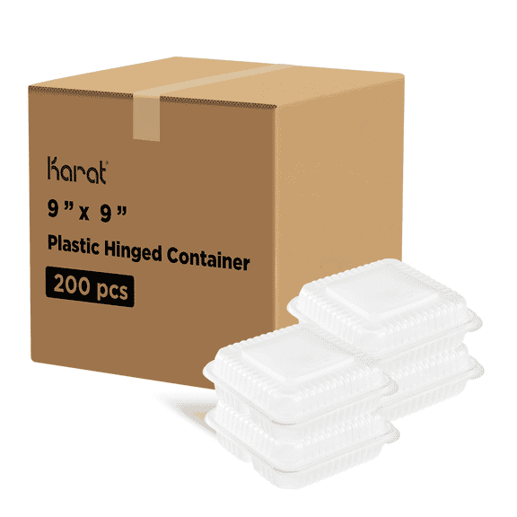 Karat 9" x 9" PP Plastic Hinged Containers, 3 Compartment - 200 ct