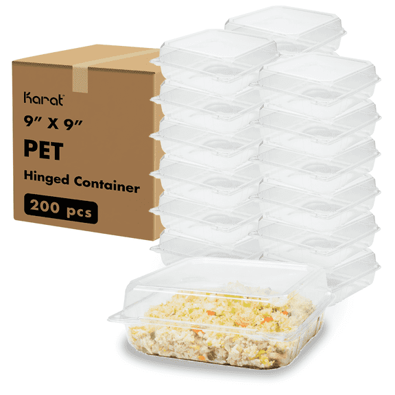 [200 ct] Karat 9" x 9" Clear Clamshell Takeout Containers, 1-Compartment Hinged Food Boxes, PET