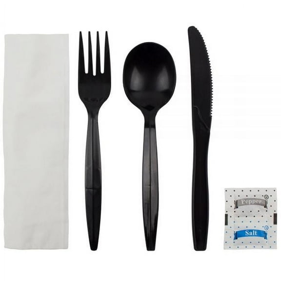 Karat Plastic Cutlery Kits, 1250 Pieces (Knife, Spoon, Fork, Napkin, Salt), Black, PP, 250 Sets