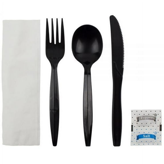 Karat Plastic Cutlery Kits, 1250 Pieces (Knife, Spoon, Fork, Napkin, Salt), Black, PP, 250 Sets