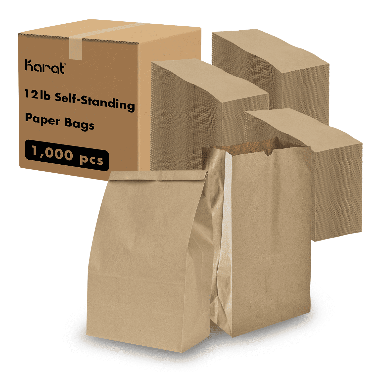 Karat Brown Paper Bags [12 lb - 1,000 ct] - Self-Standing Kraft Paper Lunch Bags, Reusable & Food Grade - Ideal for Small Business, Snacks, Popcorn, Party Favors & More