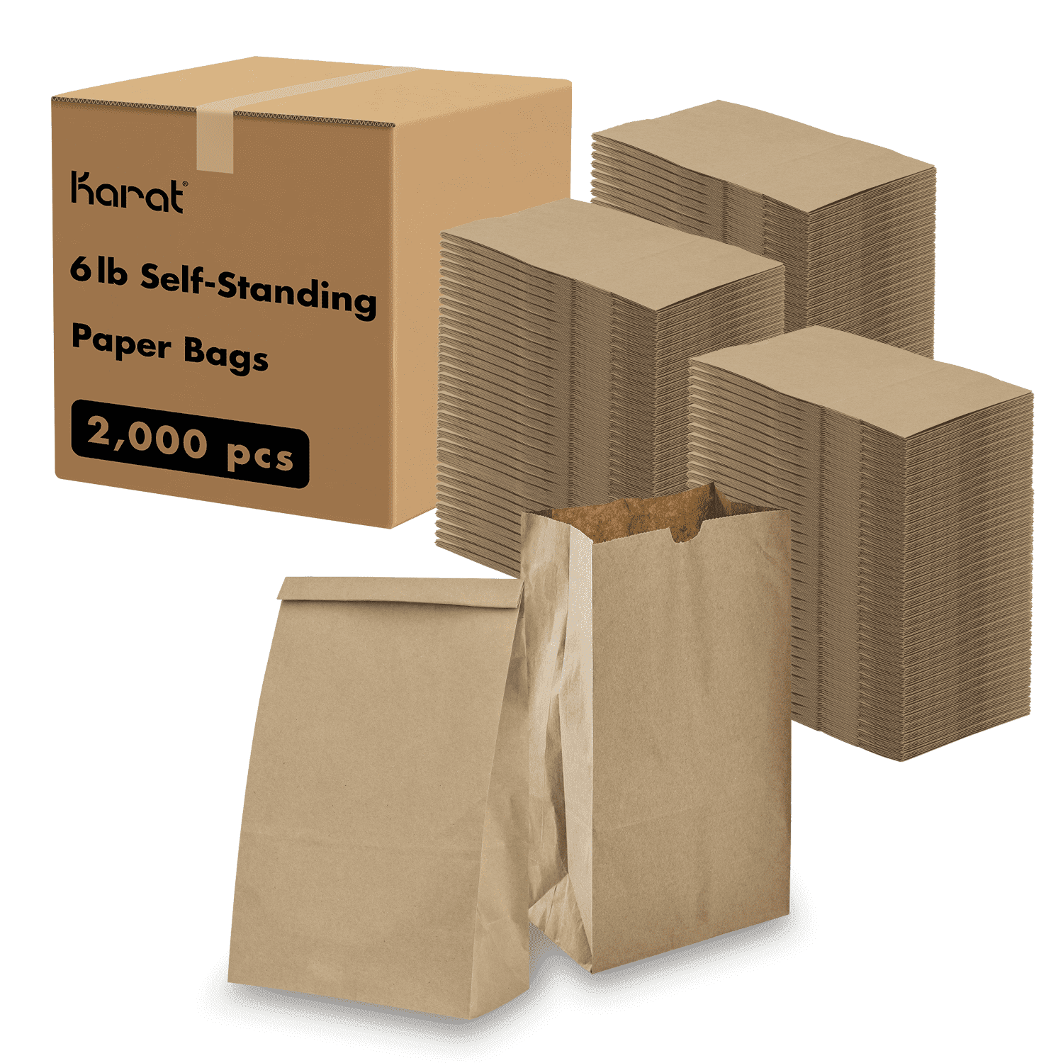 Karat Brown Paper Bags, 6 lb, 2000 ct – Kraft Lunch & Snack Bags, Bulk Pack