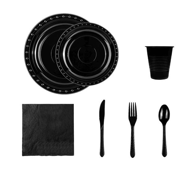 Karat Disposable Black Party Dinnerware Set (Plate, Cup, Fork, Knife, Spoon, Napkin), PP Plastic - 25 Guests