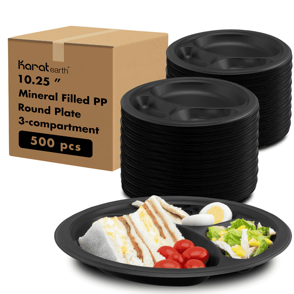 Karat Earth 10 Inch Eco-Friendly Plastic Plates [3 Compartment - 500 pcs], Black Mineral-Filled PP - Reduces Plastic Use