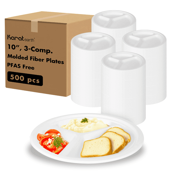Karat Earth 3 Compartments, 10'' Paper Round Plates, Molded Fiber, White - 500 pcs
