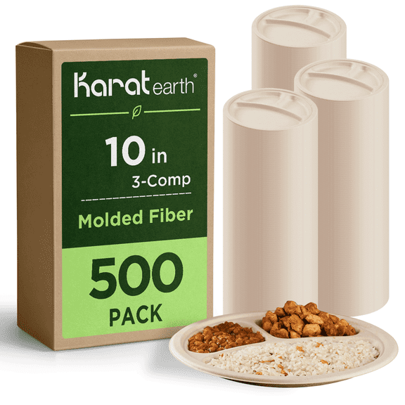 Karat Earth 3 Compartments, 10'' Paper Round Plates, Molded Fiber, Natural - 500 pcs