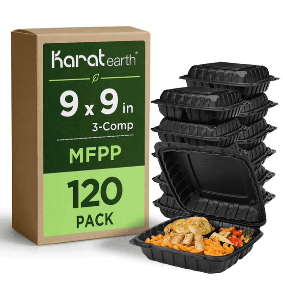 Karat Earth [120pcs - 9x9] 3-Compartment Mineral Filled PP Hinged Container - Black