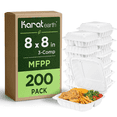 thumbnail image 1 of Karat Earth [200pcs - 8x8] 3 compartment Mineral Filled PP Hinged Container - White, 1 of 9