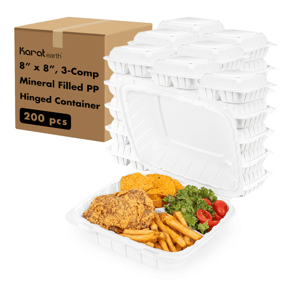 Karat Earth [200pcs - 8x8] 3 compartment Mineral Filled PP Hinged Container - White