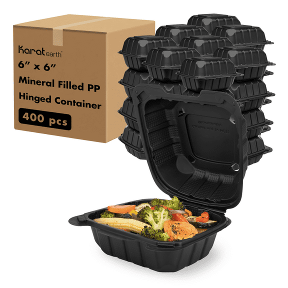 Karat Earth [400pcs - 6x6] Mineral Filled PP Hinged Container, 1 compartment - Black