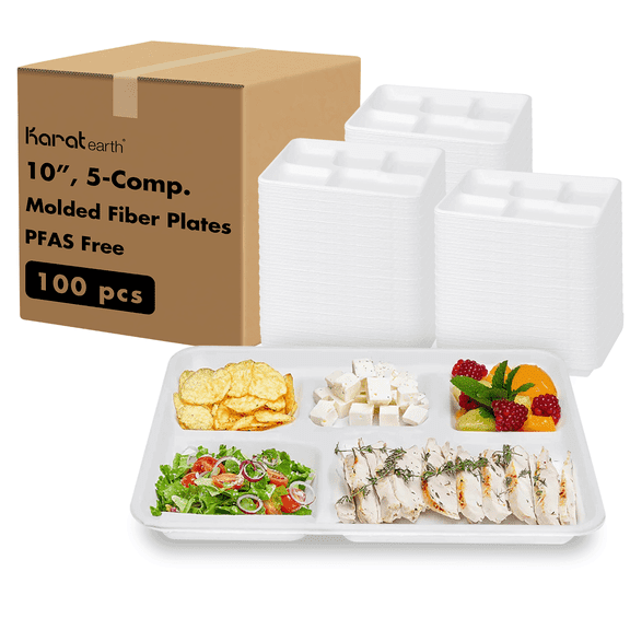 Karat Earth 5-Compartment Paper Plate, 10''x8'' Molded Fiber Tray - 100 pcs