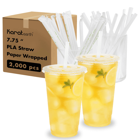 Karat Earth [2,000 ct] Giant PLA Straws, Individually Wrapped, 7.75" x 8mm, White