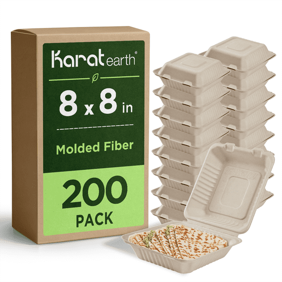 Karat Earth 8''x8'' Paper Hinged Containers, Molded Fiber, Natural - 200 pcs