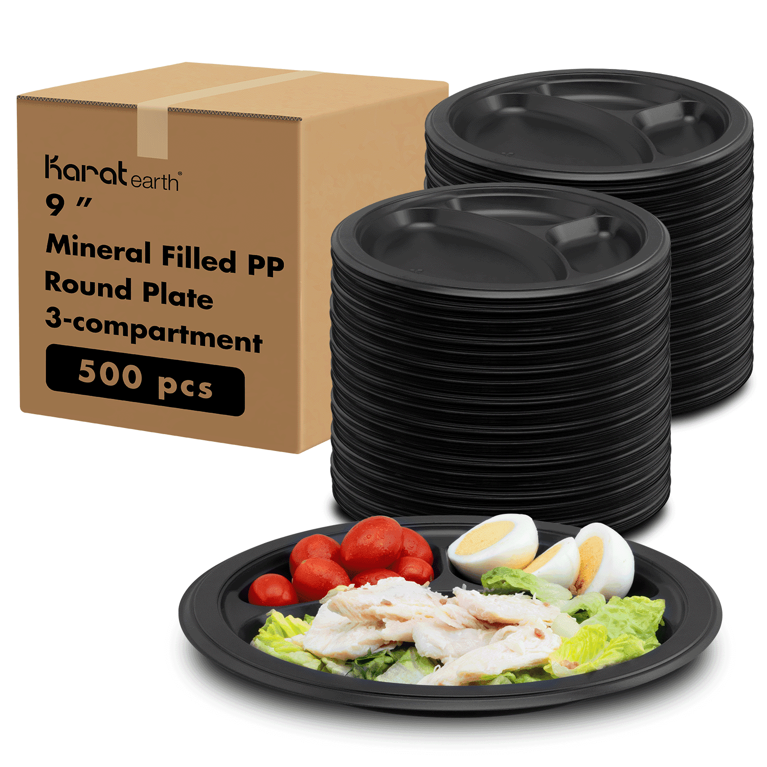 Karat Earth 9 Inch Eco-Friendly Plastic Plates [3 Compartment - 500 pcs], Black Mineral-Filled PP - Reduces Plastic Use