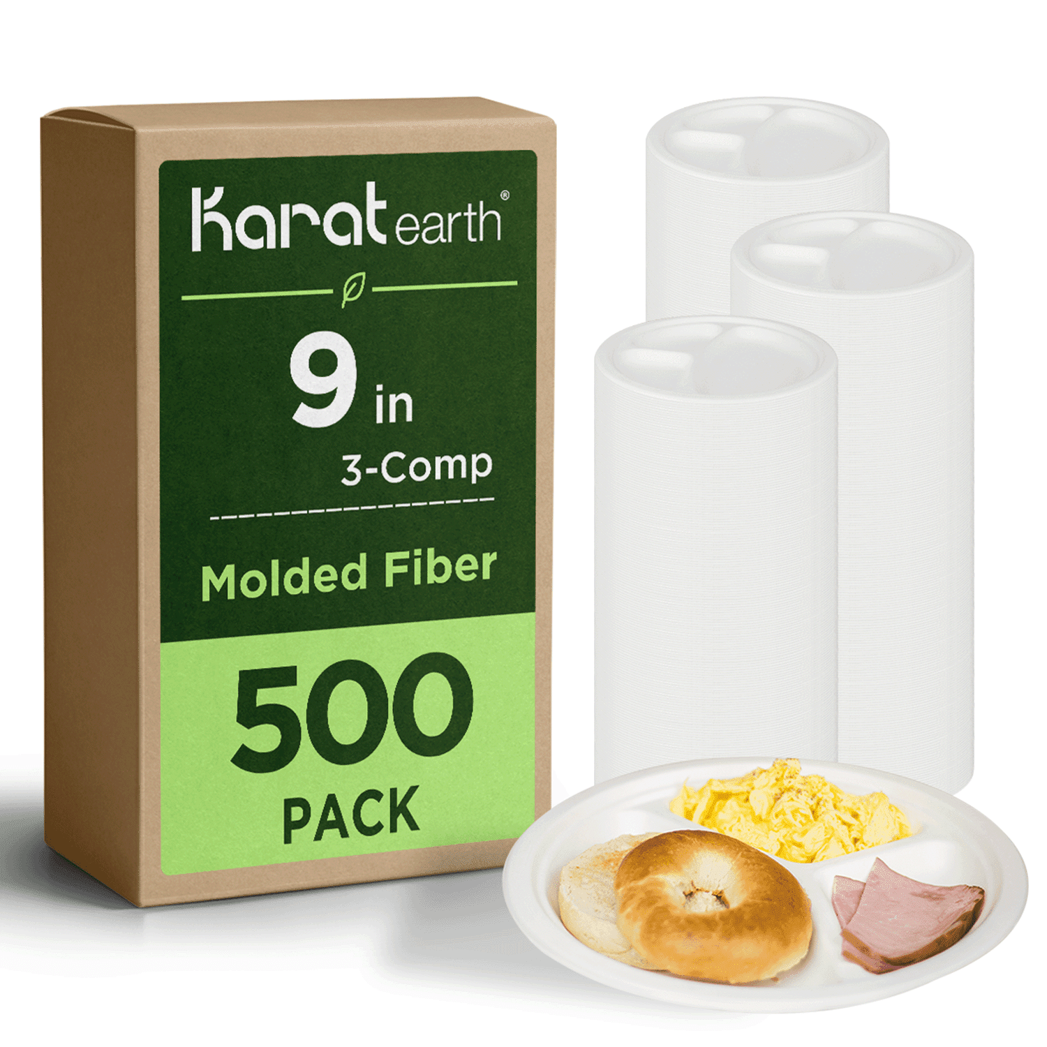 Karat Earth 3 Compartments, 9" Paper Plates, Molded Fiber, 500 Count (10 Pack)