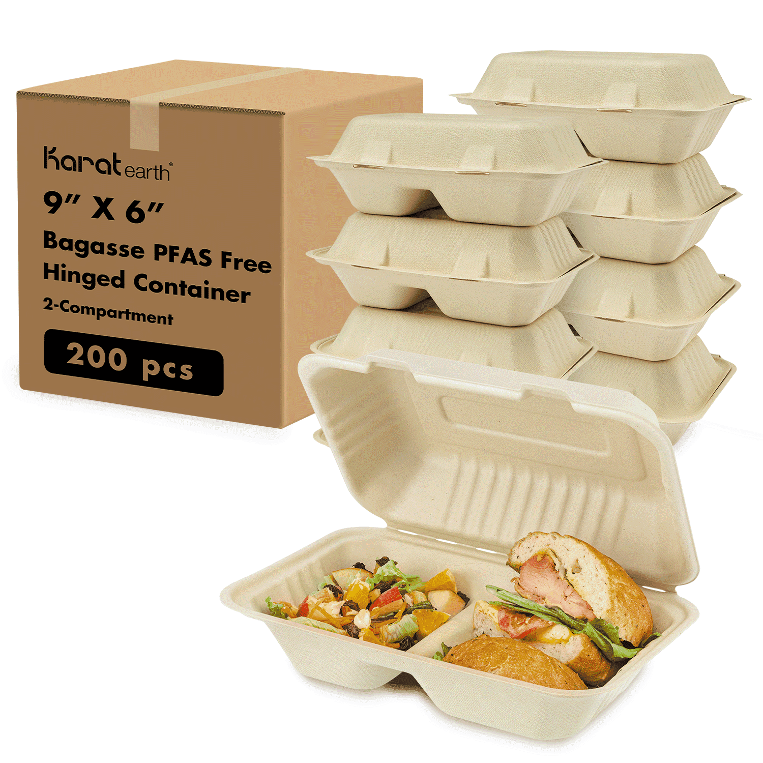 KARAT EARTH [200 Count] 9x6" Compostable Clamshell Food Containers – Made From Sugarcane Bagasse