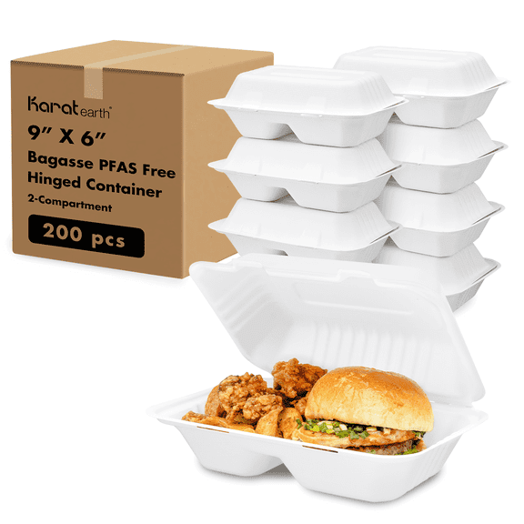 Karat Earth 2 Compartments, 9''x6'' Paper Hinged Containers, Molded Fiber, White - 200 pcs