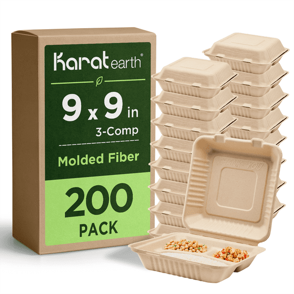 Karat Earth 3 Compartments, 9''x9'' Paper Hinged Containers, Molded Fiber, Natural - 200 pcs