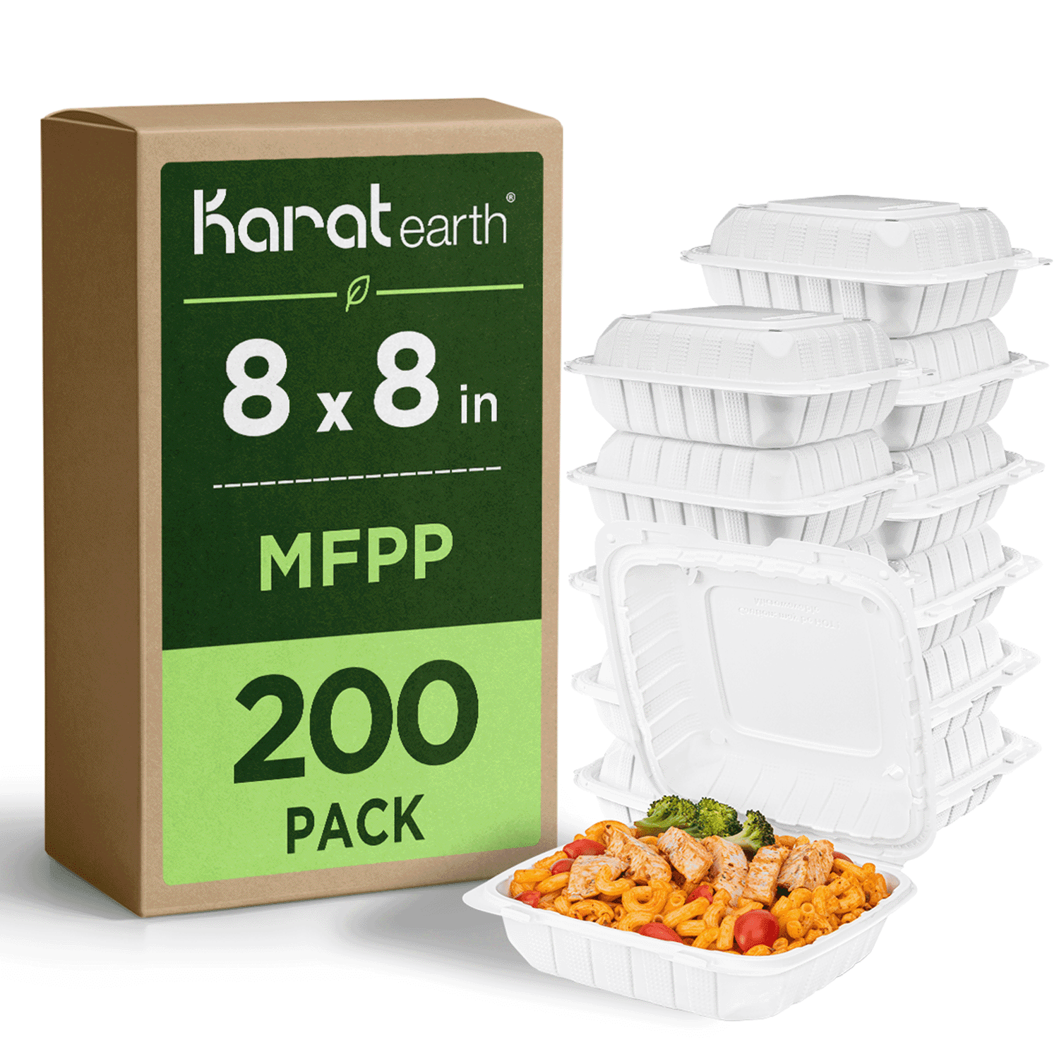 Karat Earth [200pcs - 8x8] Mineral Filled PP Hinged Container, 1 compartment - White