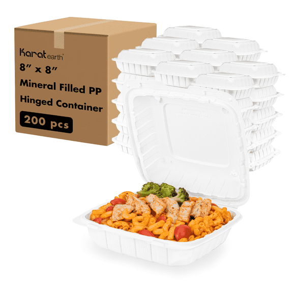 Karat Earth [200pcs - 8x8] Mineral Filled PP Hinged Container, 1 compartment - White