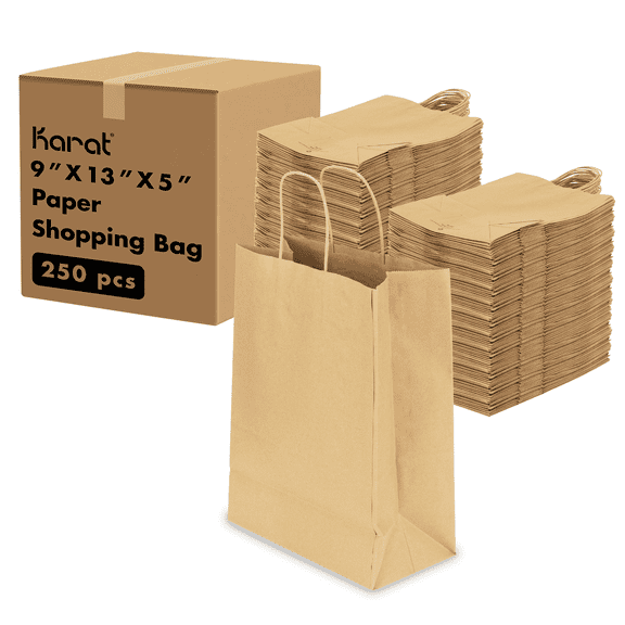 Karat LAGUNA (Medium) Kraft Paper Gift Bags with Handles - Sturdy & Recyclable Brown Shopping Bags - Recycled Materials - for Retail and Groceries (9.6"x13.4") - FP-SB110 - 250 pcs
