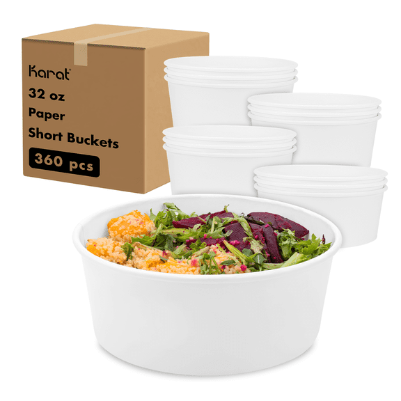 Karat Leak-Resistant Paper Short Bucket - Ideal for Hot Soup or Cold Salad, Perfect Kitchen Storage and Food Container (32oz) - White, Count of 360