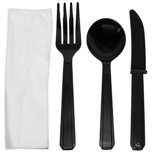 Karat Plastic Cutlery Kits, 1000 Pieces (Knife, Spoon, Fork, Napkin), Black, PP, 250 Sets