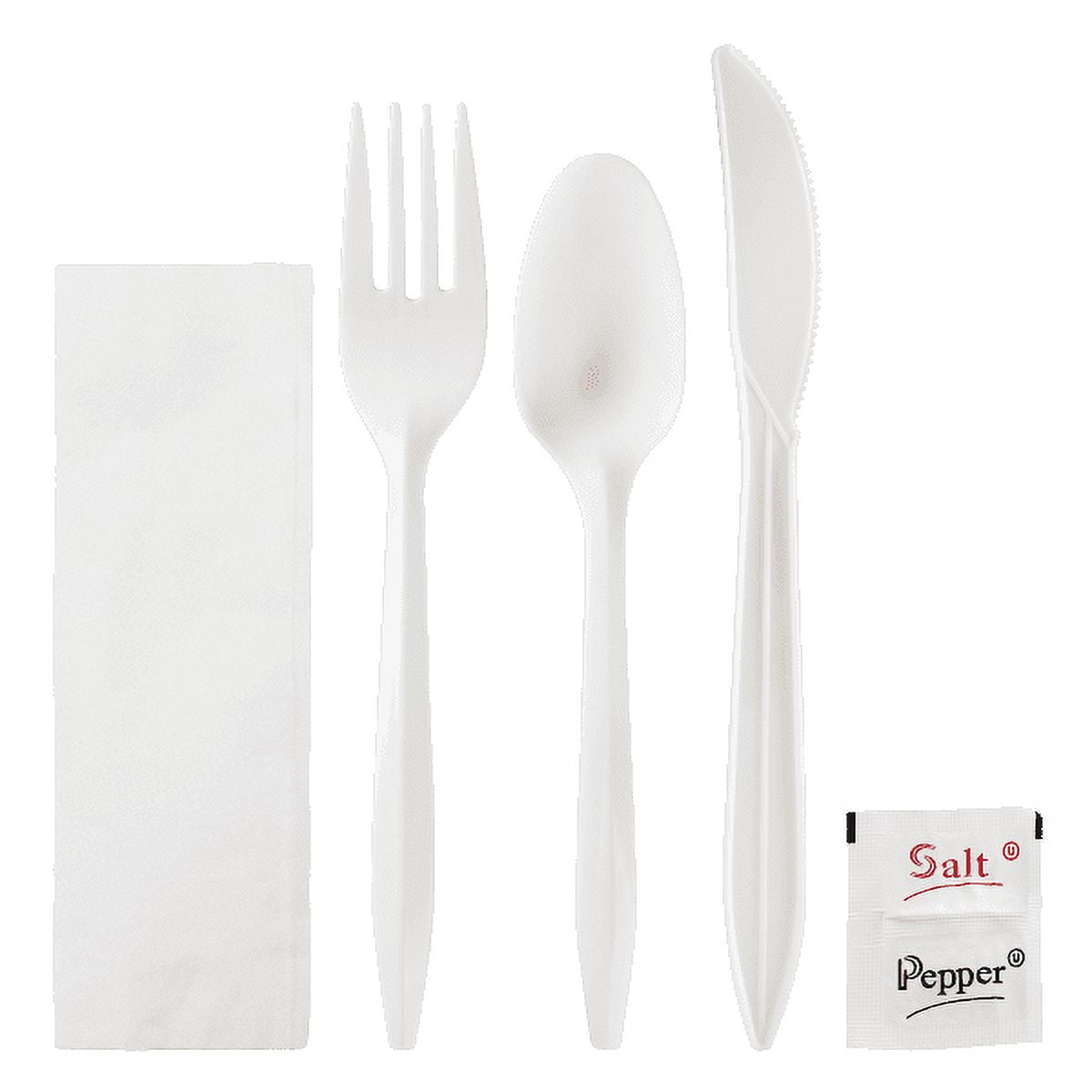 Karat Plastic Cutlery Kits, 1250 Pieces (Knife, Spoon, Fork, Napkin, Salt), White, PP, 250 Sets