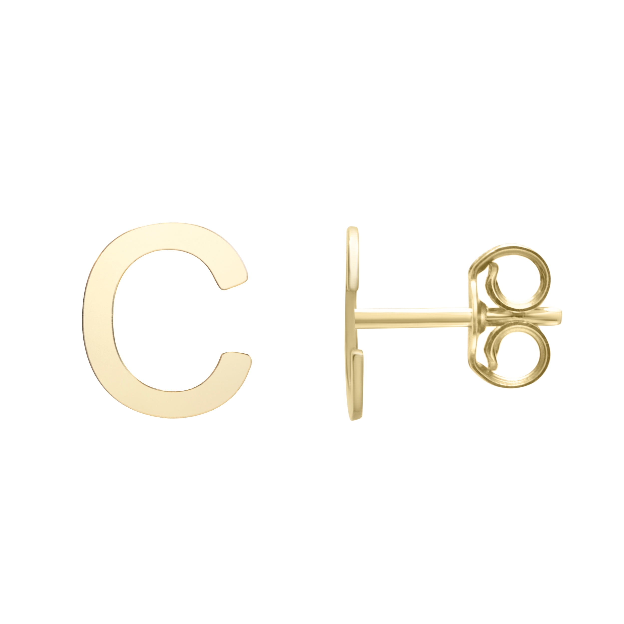 Karat Rush 14KT Yellow Gold High Polished Block Initial Studs "C" with Post-With-Friction-Back. Adult Unisex. No stones