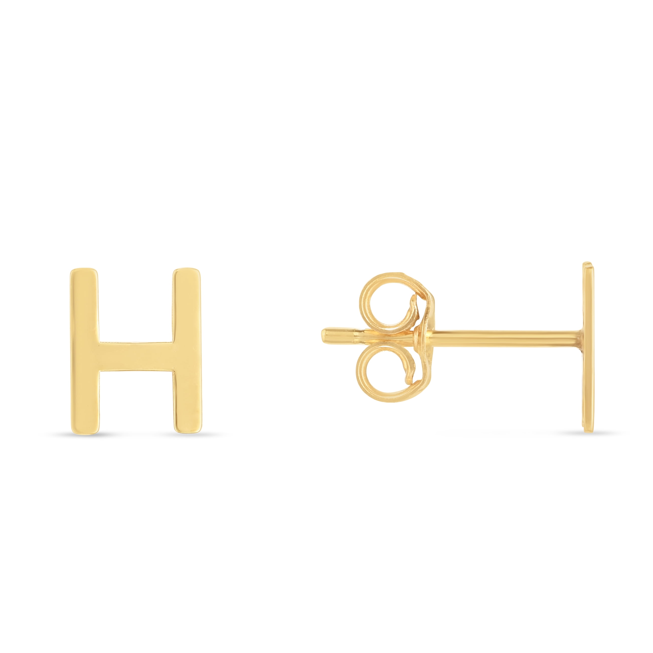 Karat Rush 14KT Yellow Gold High Polished Block Initial Studs "H" with Post-with-Friction-Back. Adult Unisex. No stones