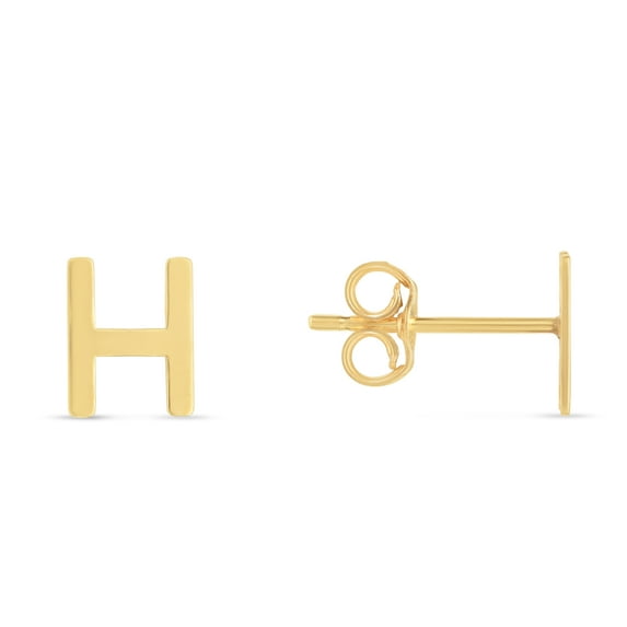 Karat Rush 14KT Yellow Gold High Polished Block Initial Studs "H" with Post-with-Friction-Back. Adult Unisex. No stones