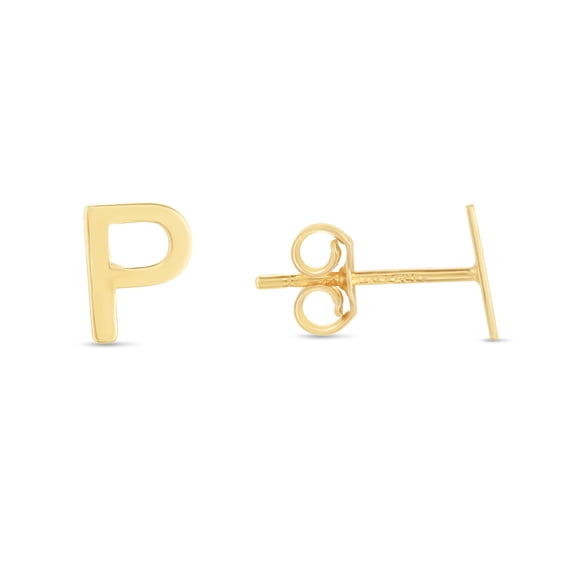 Karat Rush 14KT Yellow Gold High Polished Block Initial Studs "P" with Post-with-Friction-Back. Adult Unisex. No stones