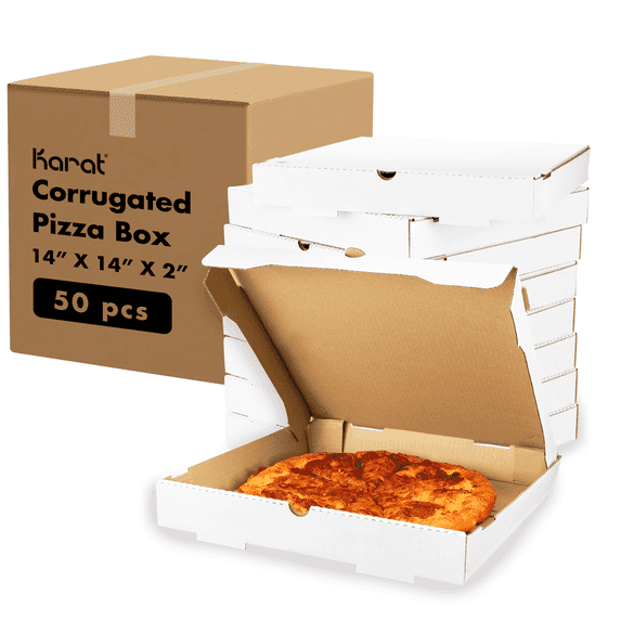 Karat White Pizza Boxes - Grease-Resistant Corrugated Pizza Box, Ventilated & Convertible to Plate, Perfect for Personal & Pizzas - Pack of 50 (14")