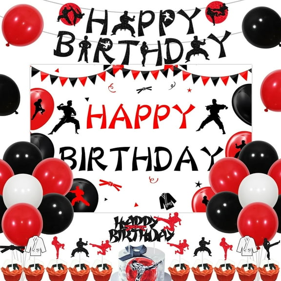 Karate Birthday Decorations, Taekwondo Birthday Party Decorations Backdrop Banner Cupcake Cake Toppers Balloons for Kids Boy Girl Sports Birthday Party