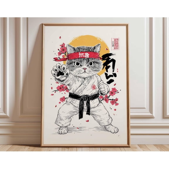 Karate Cat Martial Arts Japanese Style Wall Art Print, Unframed Paper Poster 8x10in