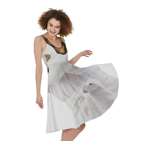 Karate Cat Print Sleeveless Knee Length Dress, Pet Cat Fashion Summer Maxi Dress For Women