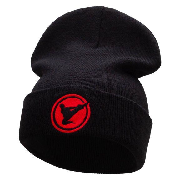 Karate High Kick Embroidered 12 Inch Long Knitted Beanie - Black OSFM